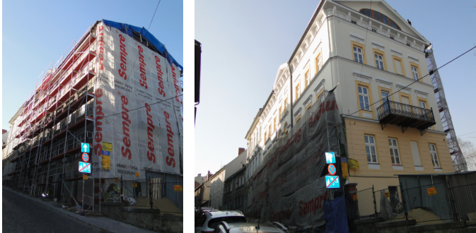 Kamienica z białą elewacją miejscami z brzydkimi elementami żółtymi