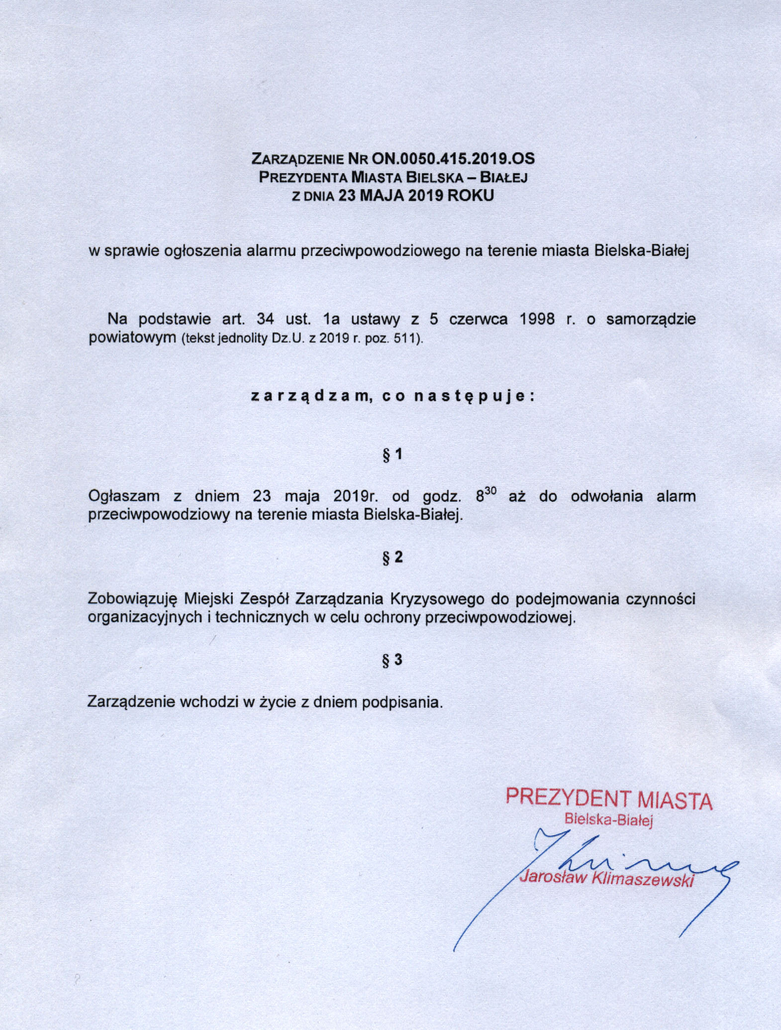 Zarządzenie w sprawie powodzi