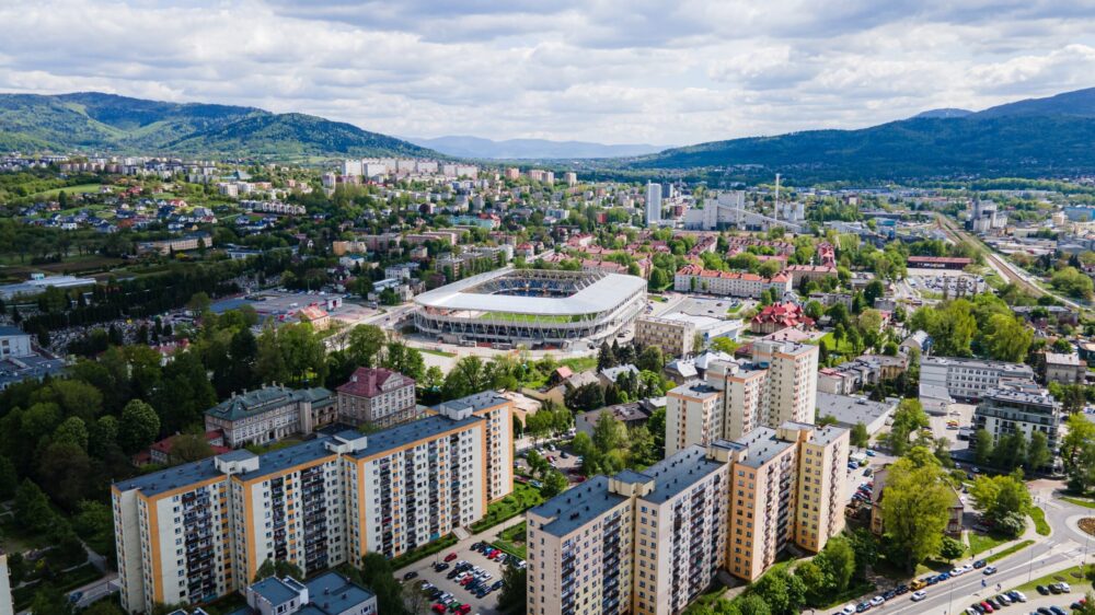 Zdjęcie z lotu ptaka Miasto Bielsko-Biała widok na Stadion Miejski 