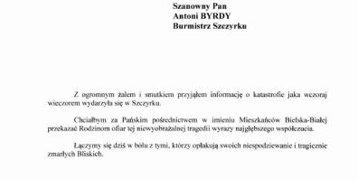 Kondolencje Prezydenta Miasta Bielska-Białej