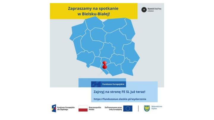 Grafika z informacją o zaproszeniu na spotkanie w Bielsku-Białej.
